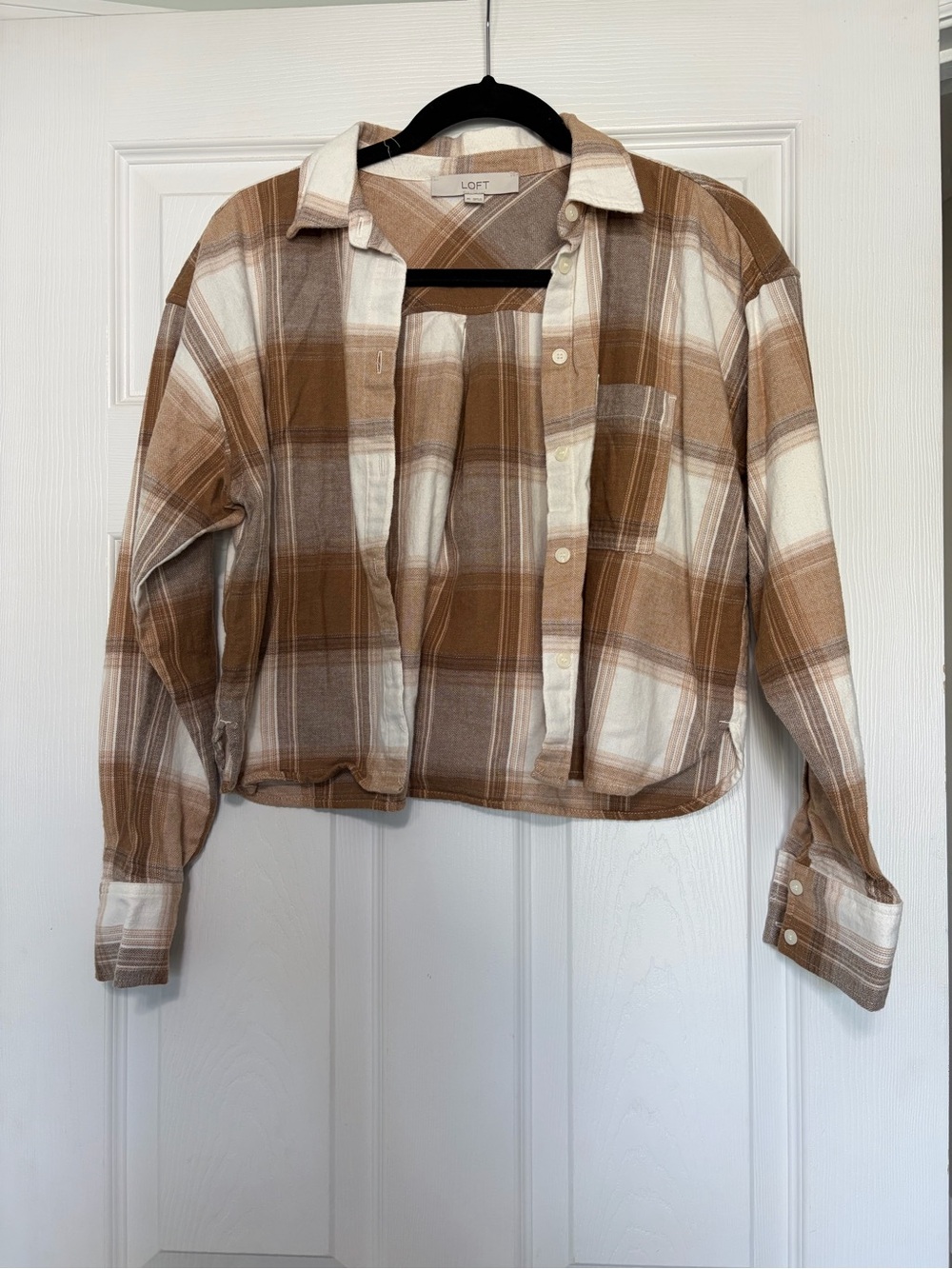LOFT Girls' Brown and Cream Plaid Button-Front Shirt